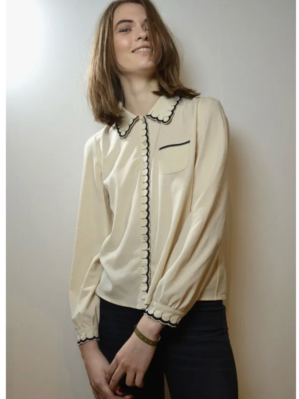 Miss Patina Vintage Inspired Cream Scallop-Trim Long Sleeve Blouse British Vogue